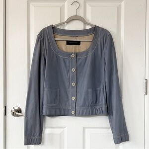 Elie Tahari Blue Grey Leather Blazer Jacket Top